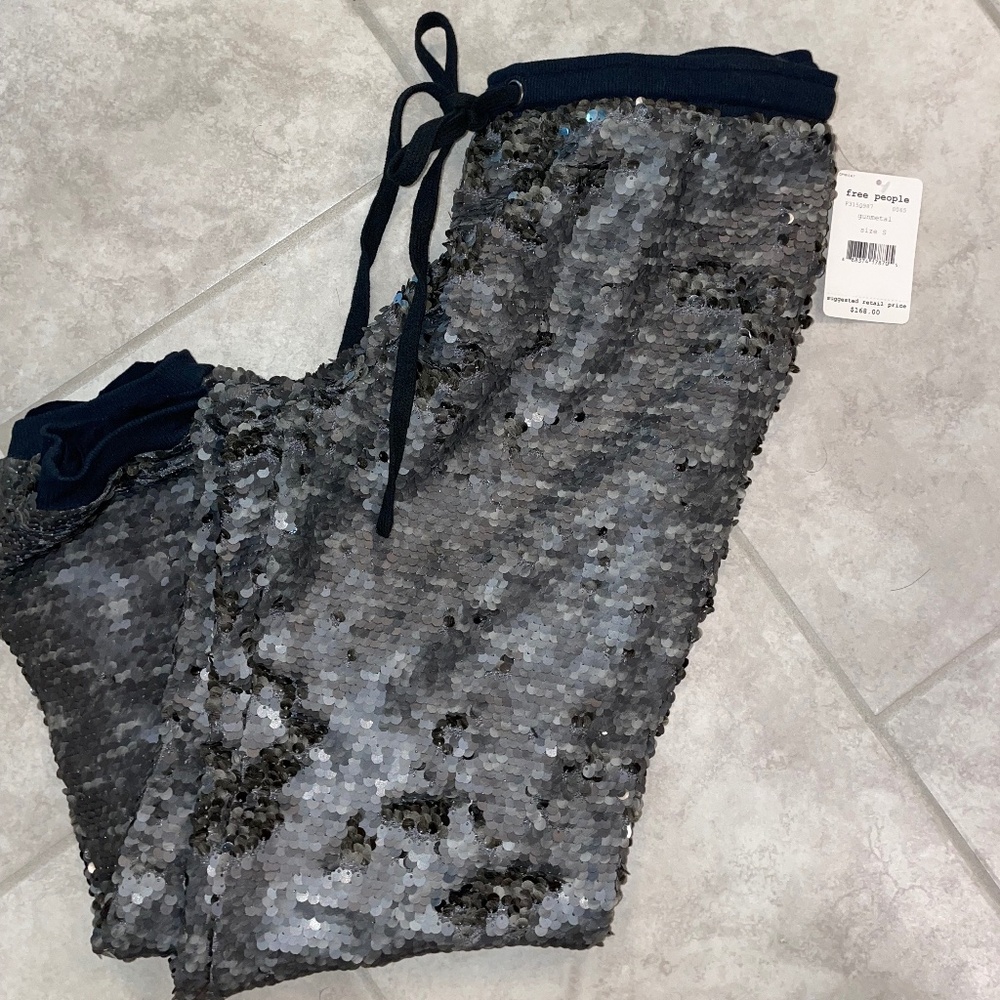 FREE PEOPLE Sequin Party Gunmetal Gray Drawstring Jogger Pants Size S - Picture 8 of 14